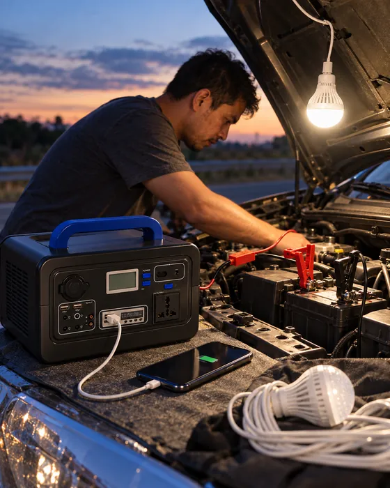 Hombre revisando su carro de noche con luz y energía de la mini planta