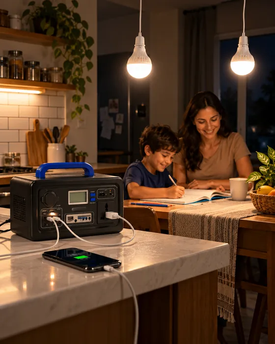 Niño haciendo tareas con luz de la mini planta mientras carga un celular